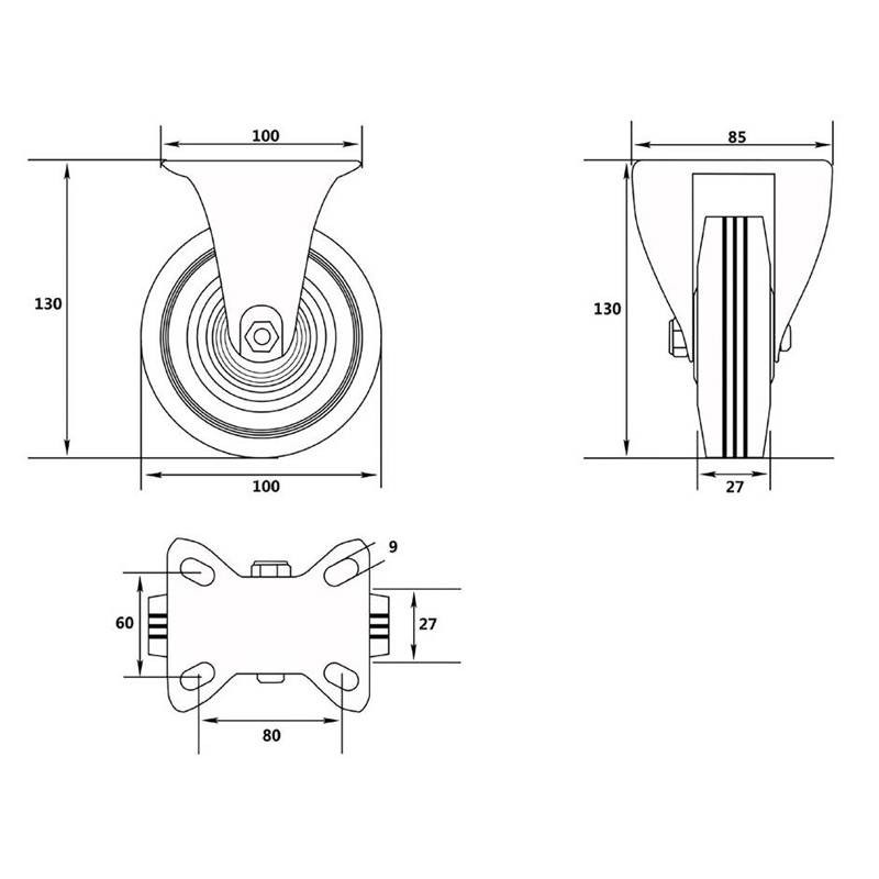 Transporthjul ø100 mm  i hård gummi - fast fod