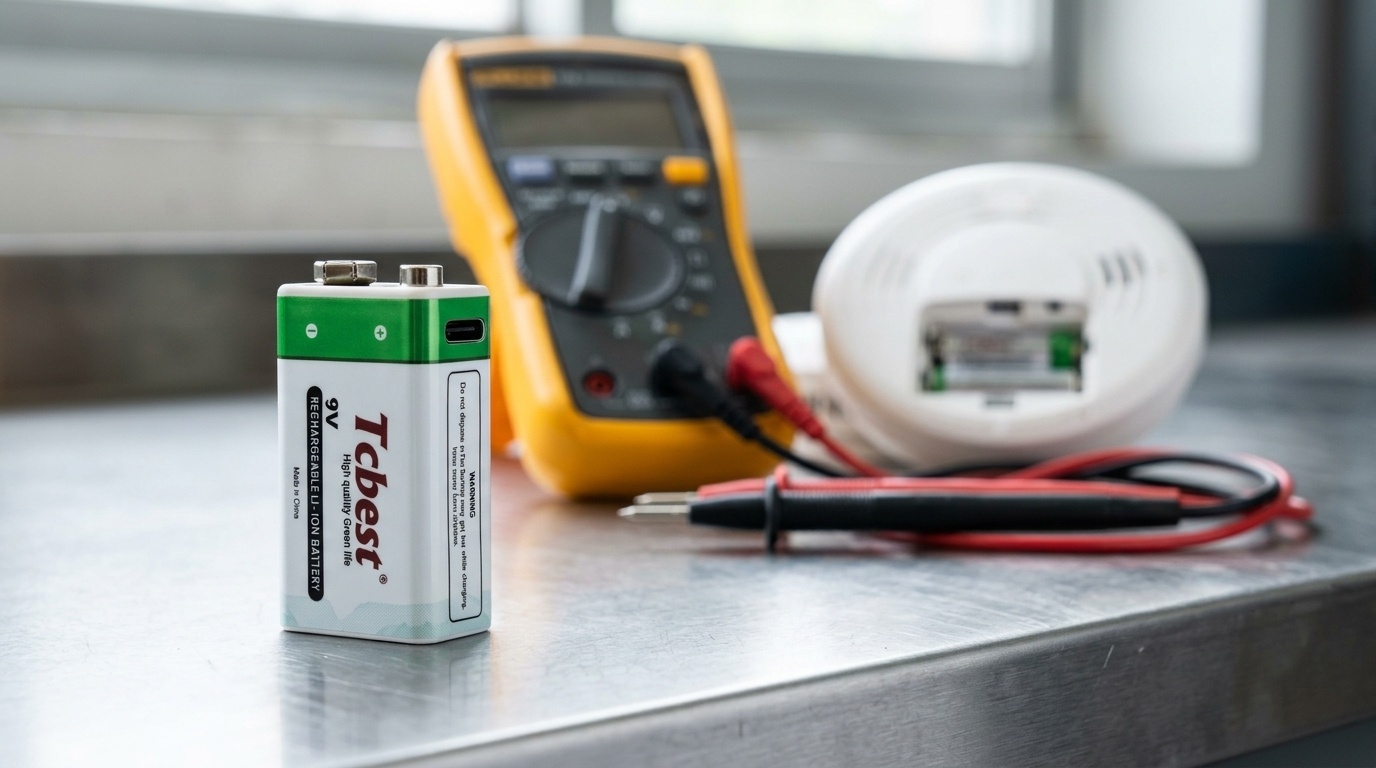 Genopladeligt 9V batteri foran multimeter og røgalarm