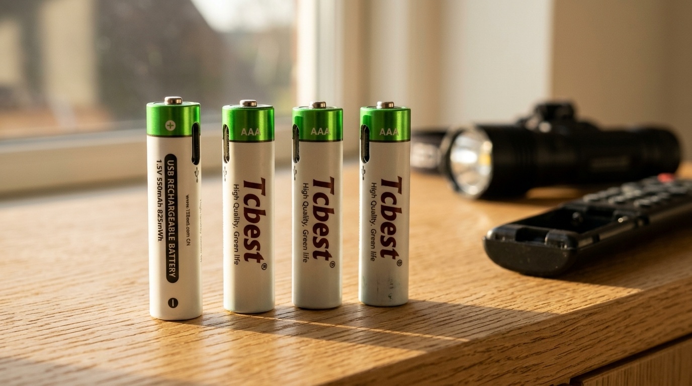 Genopladelige AAA batterier med USB-C ved fjernbetjening og pandelampe