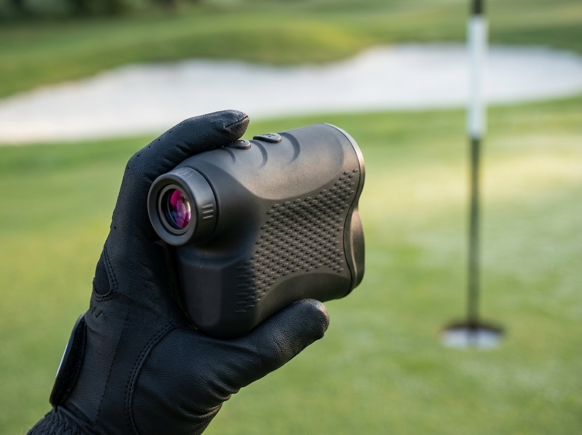 Afstandslaser brugt som golfkikkert sigter mod flaget på greenen