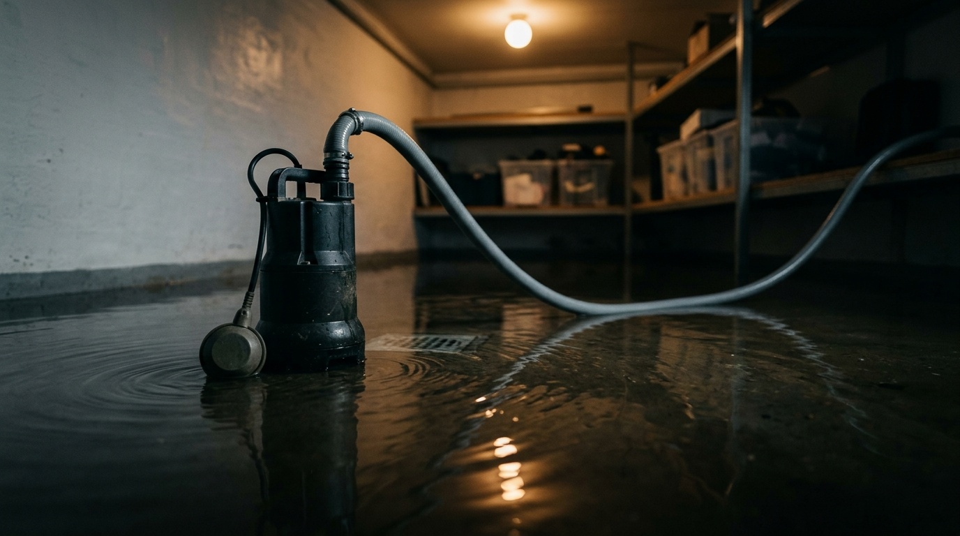 Dykpumpe med flyder pumper vand ud af oversvømmet kælder