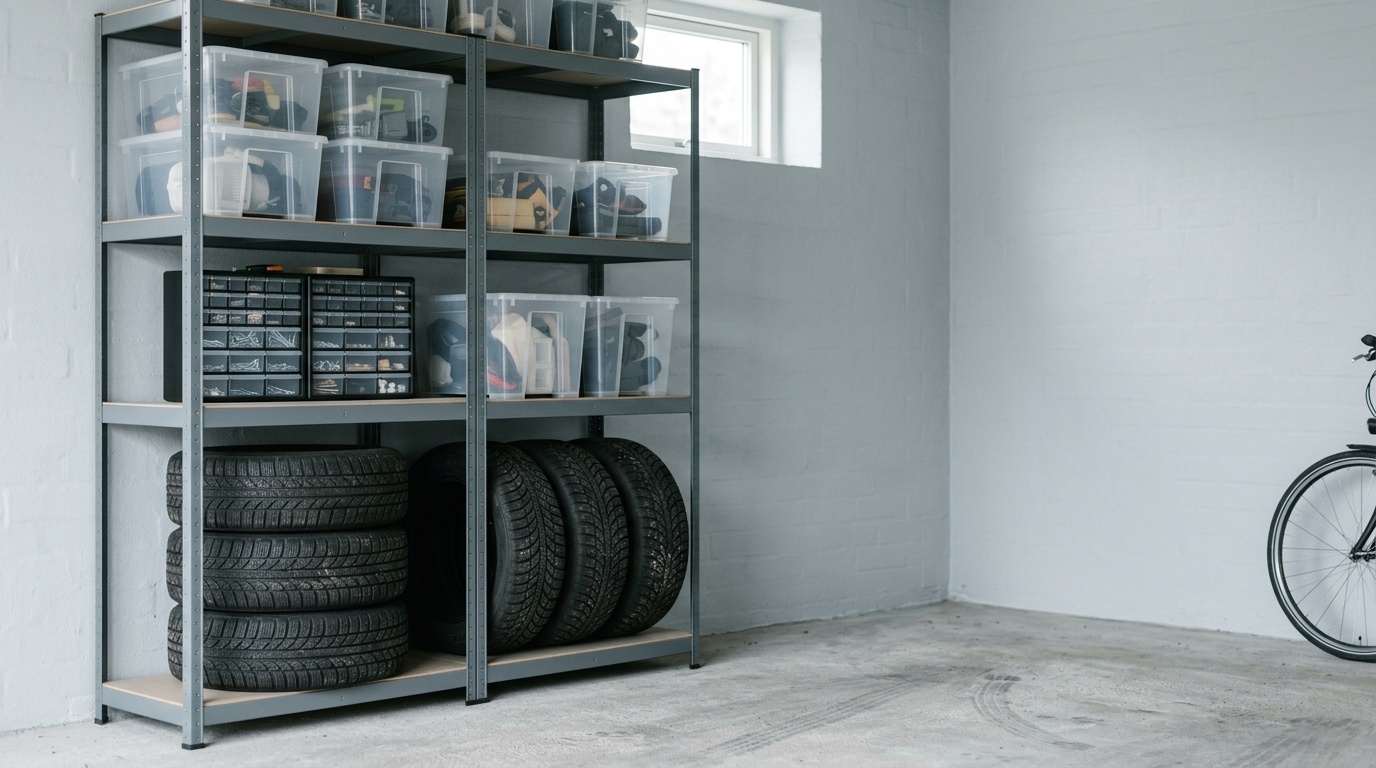 Stålreol med sorteringskasser og opbevaring i garage