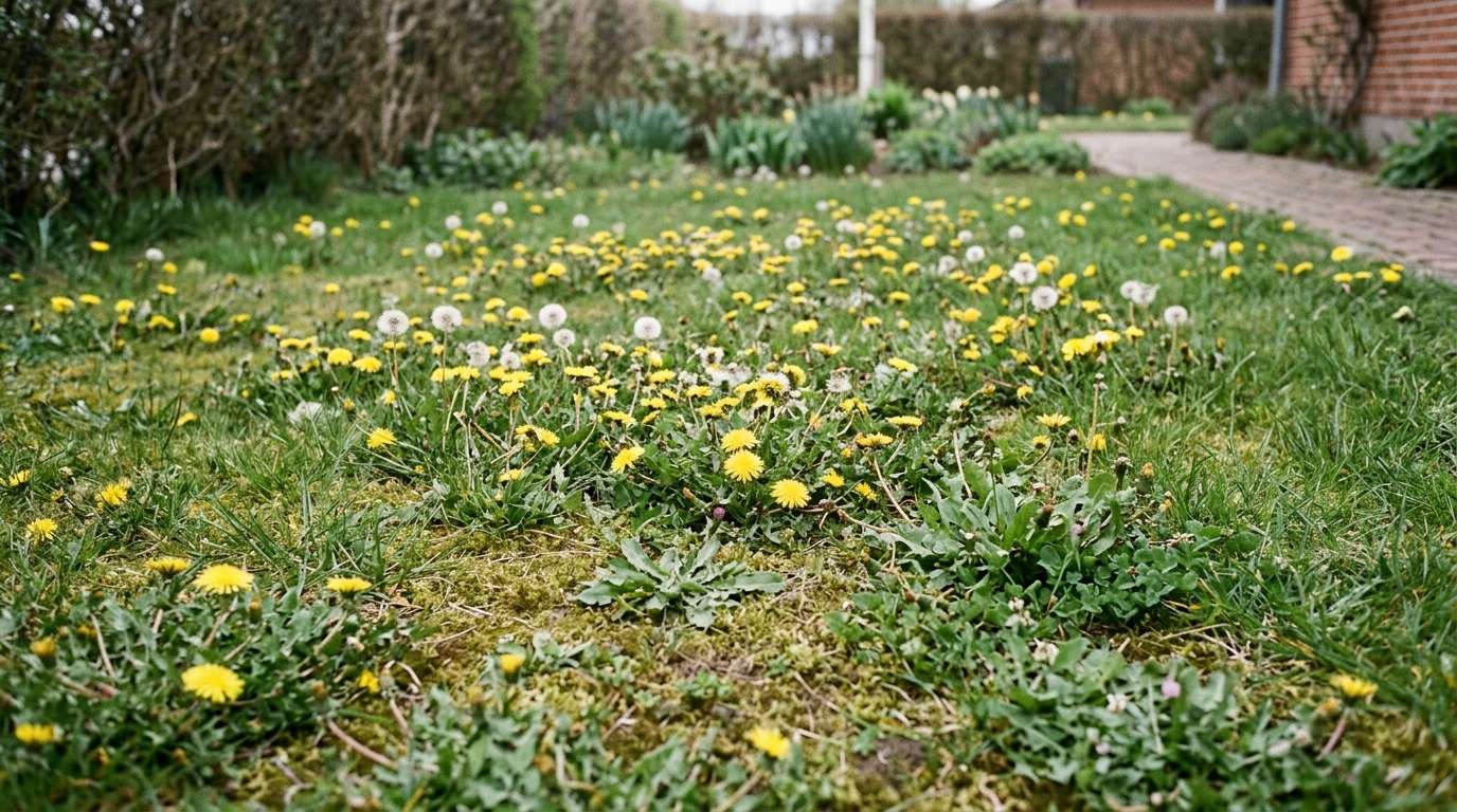 Græsplæne fuld af mælkebøtter i blomst og med frøstande