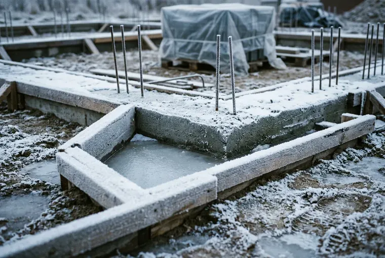 Fundament og forskalling dækket af rim og tynd sne på en byggeplads