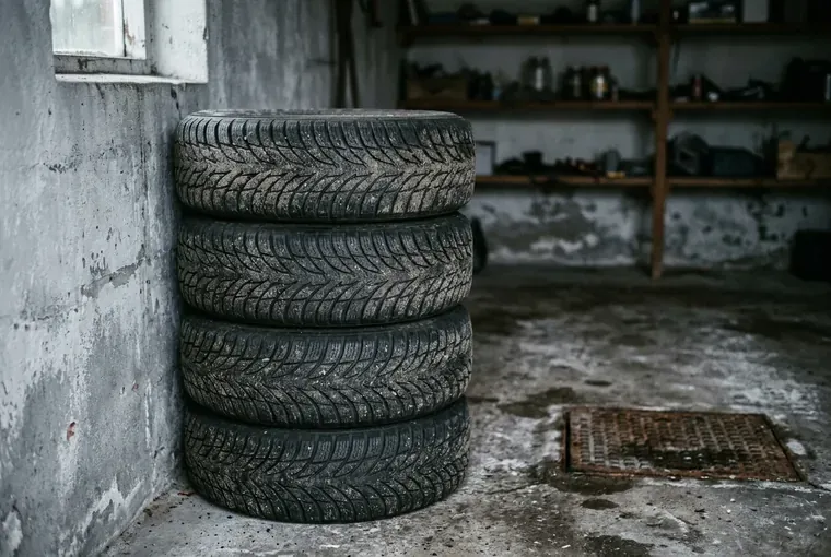 Fire vinterdæk stablet op ad væggen i en garage