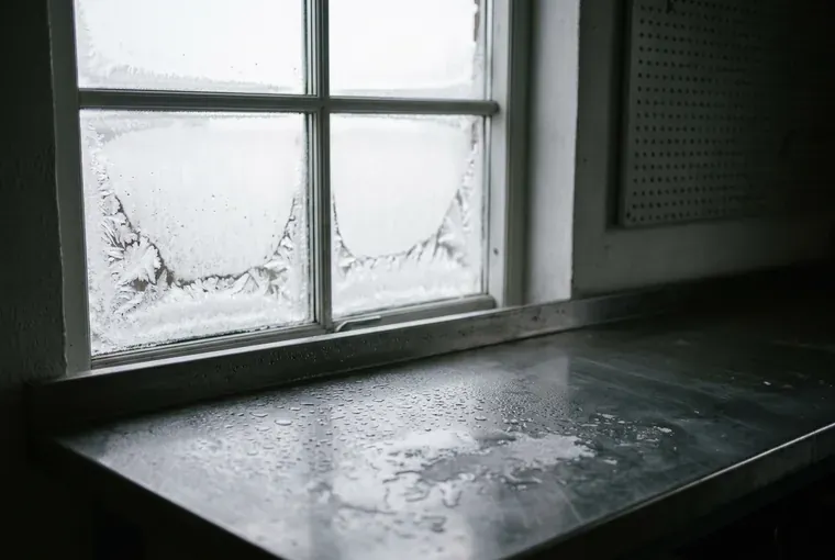 Frost på indersiden af ruden i et koldt værksted