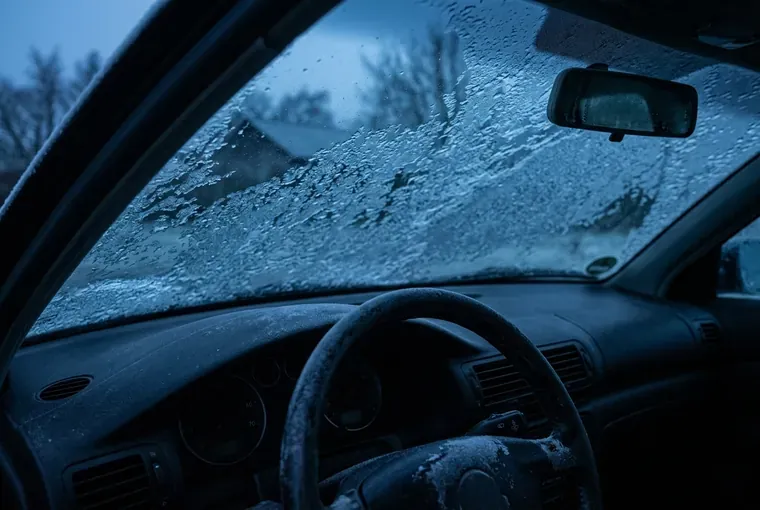 Instrumentbræt i en bil en frostmorgen med tilfrosset forrude