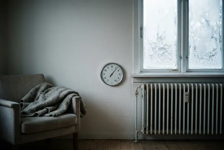 Koldt værelse med kold radiator og isblomster på ruden