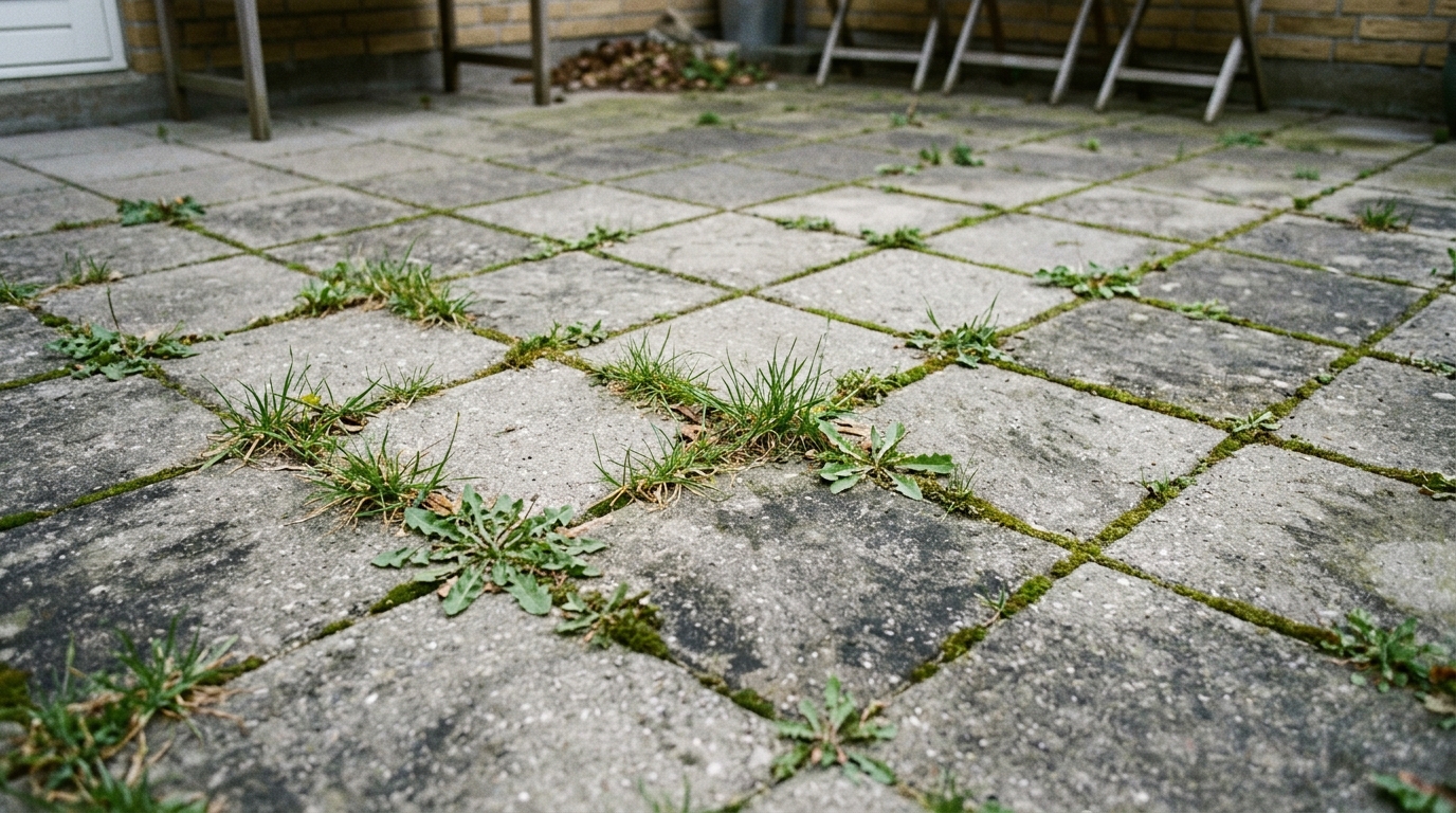 Ukrudt og mos i fugerne mellem havefliser på terrasse
