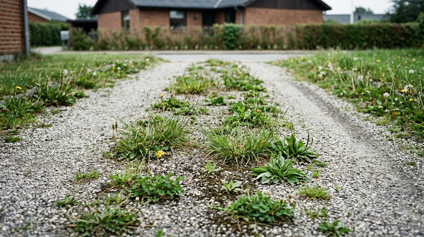 Ukrudt og græstotter spredt i grusindkørsel foran hus