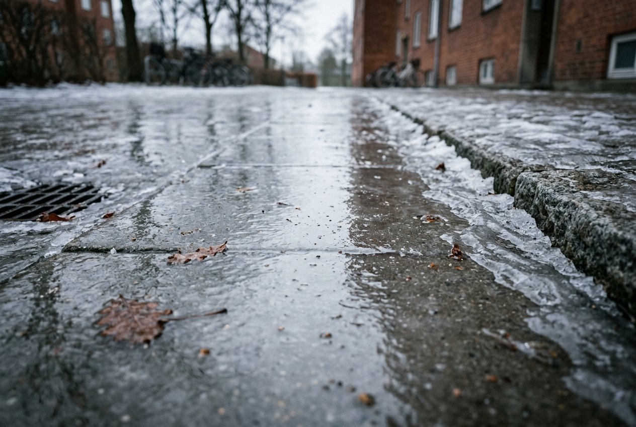 Fortov af betonfliser dækket af et sammenhængende lag klar is langs kantstenen