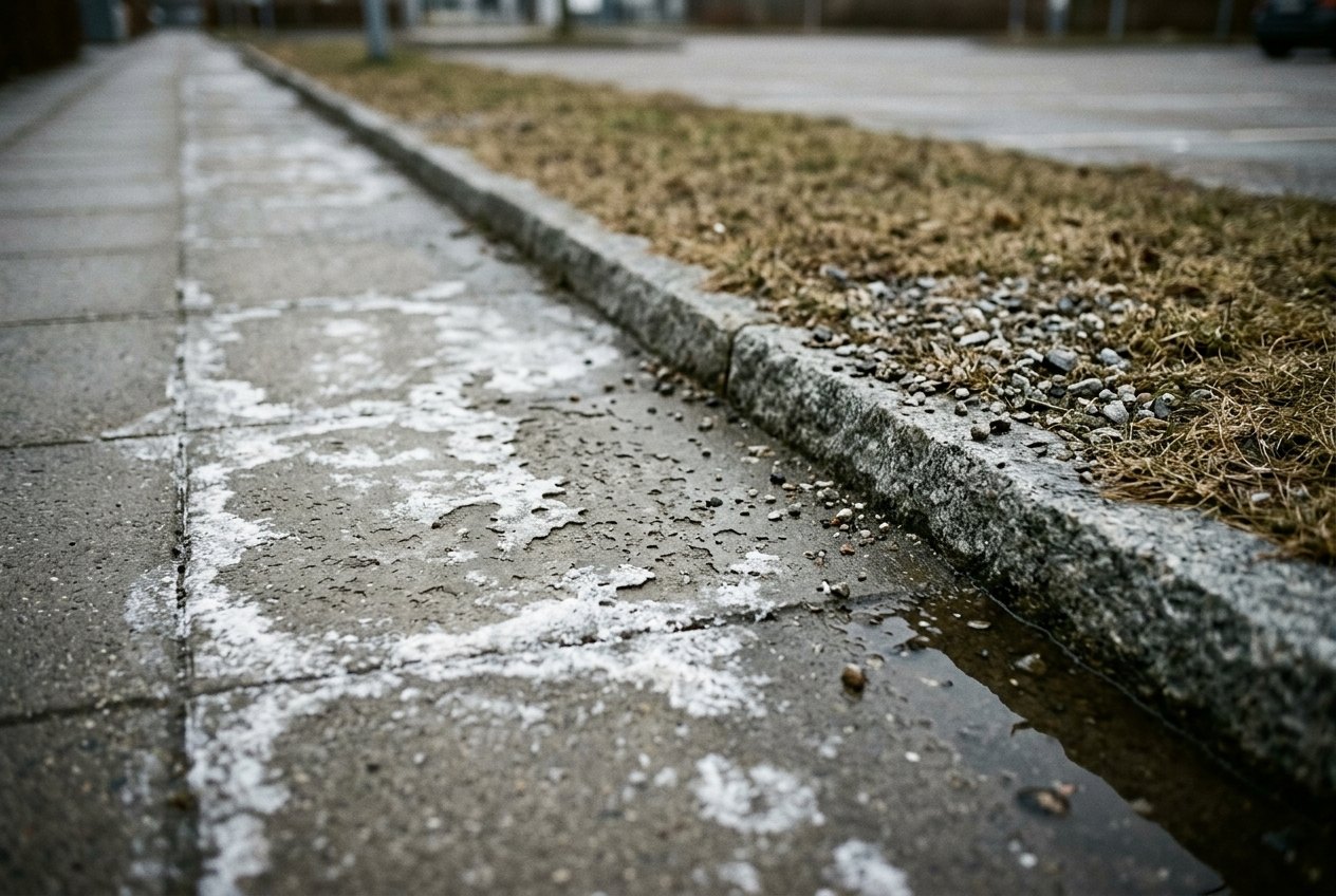 Hvid saltskorpe på betonbelægning og afsvedet græskant langs kantstenen efter vinteren