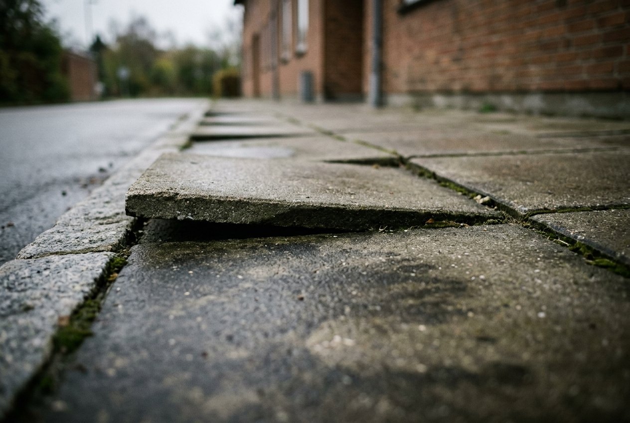Betonfliser der har sat sig i forskellige niveauer med åbne fuger og en løftet flisekant