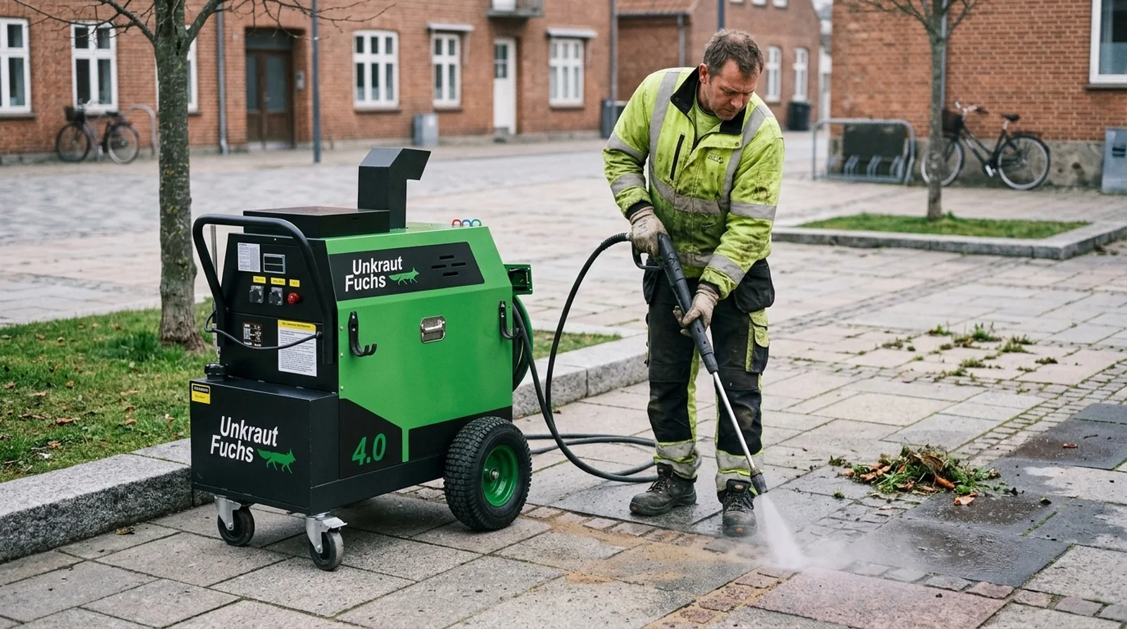 Gartner fjerner ukrudt mellem fliser med en ukrudtsfjerner med varmt vand på en dansk gågade