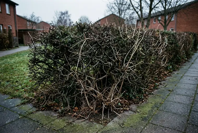 Uklippet hæk med vildtvoksende skud ud over en flisesti