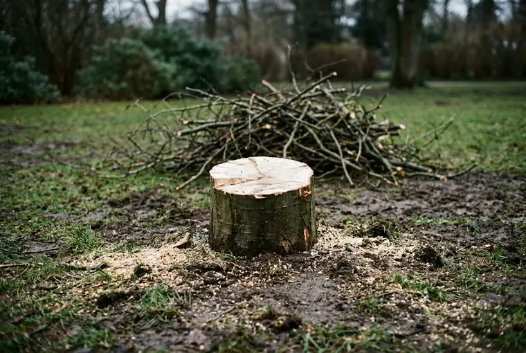 Nyfældet træstub i en græsplæne med en bunke afskårne grene bagved