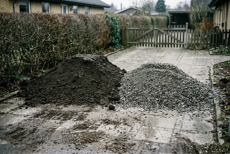 Bunker af muldjord og grus på en indkørsel foran en smal havelåge