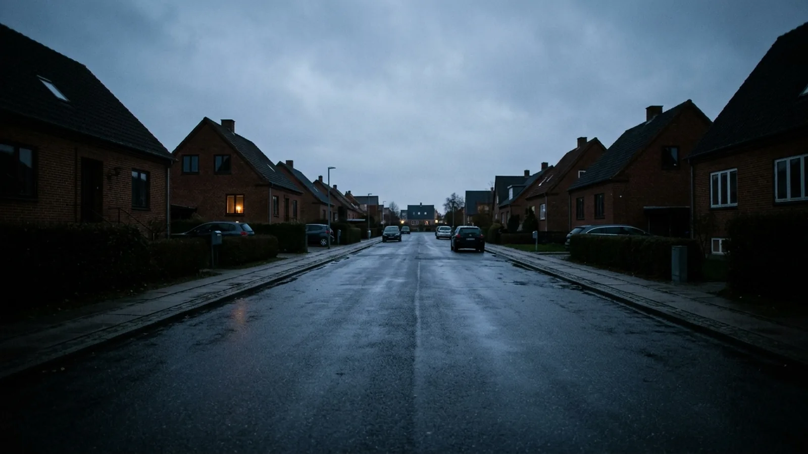 Villavej i mørke under et strømsvigt hvor kun lyset fra en enkelt lygte falder på vejen