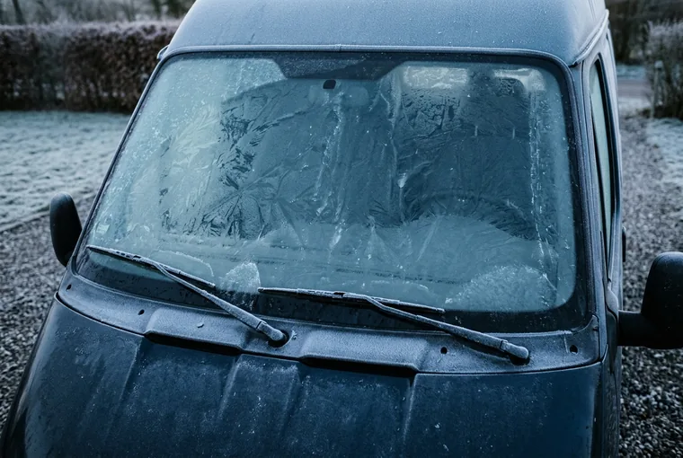Rimfrossen forrude på en varevogn en tidlig vintermorgen