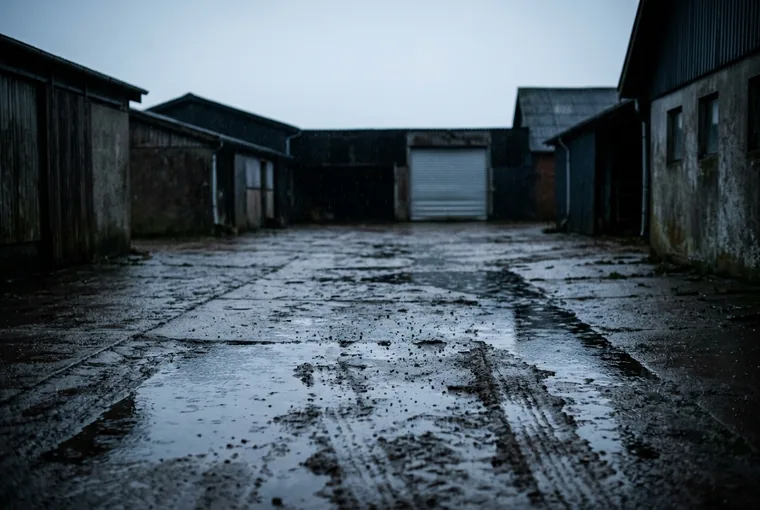 Mørk gårdsplads med regn i luften sidst på eftermiddagen
