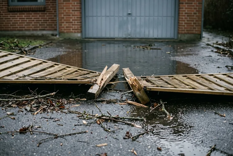 Nedblæst hegn og vand der samler sig i en indkørsel efter storm