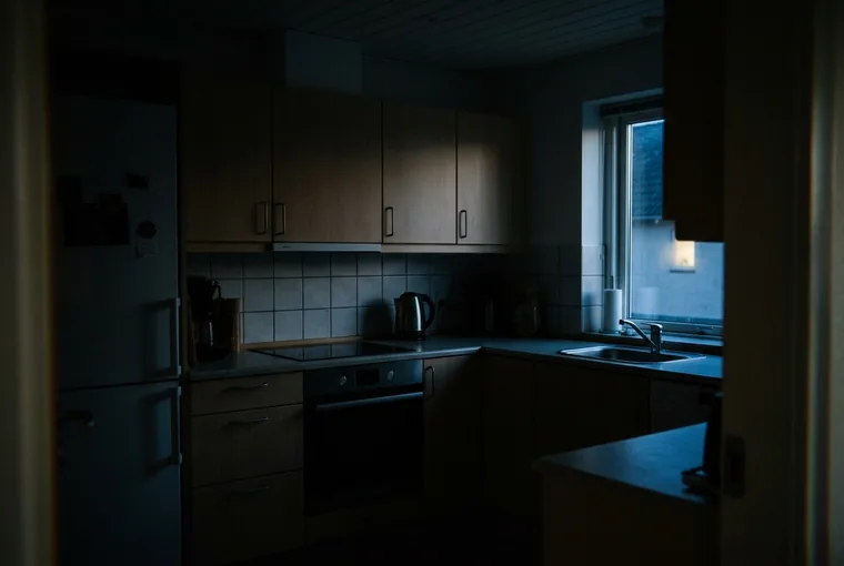 Mørkt køkken i et parcelhus hvor kun gadelyset falder ind gennem ruden