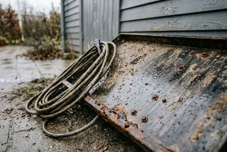 Snavset havegrej efterladt ude i regnvejr med begyndende rust