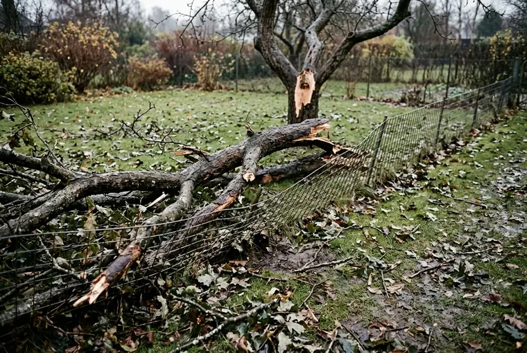Nedfaldne grene efter storm der ligger over et hegn